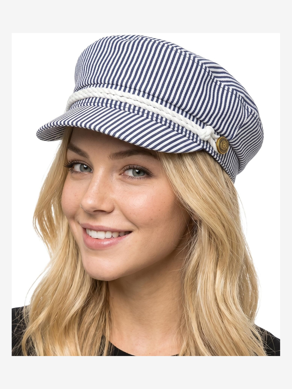 Greek Fisherman Newsboy Cap, Cotton Captains | Cotton Pinstripes, Navy | Size OS